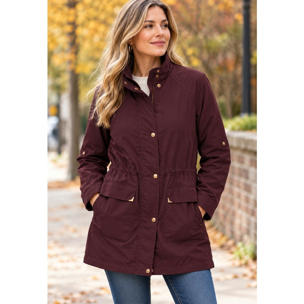 A New Day Burgundy Utility Parka Water Resist Jacket Zip Snap Front Cinch Waist